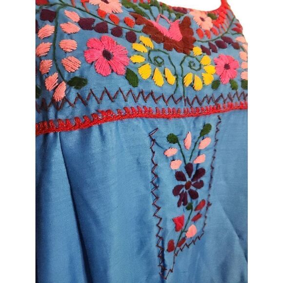 Blue 70s Embroidered Floral Kaftan Hpuse Dress Maxi Colourful - Picture 2 of 7